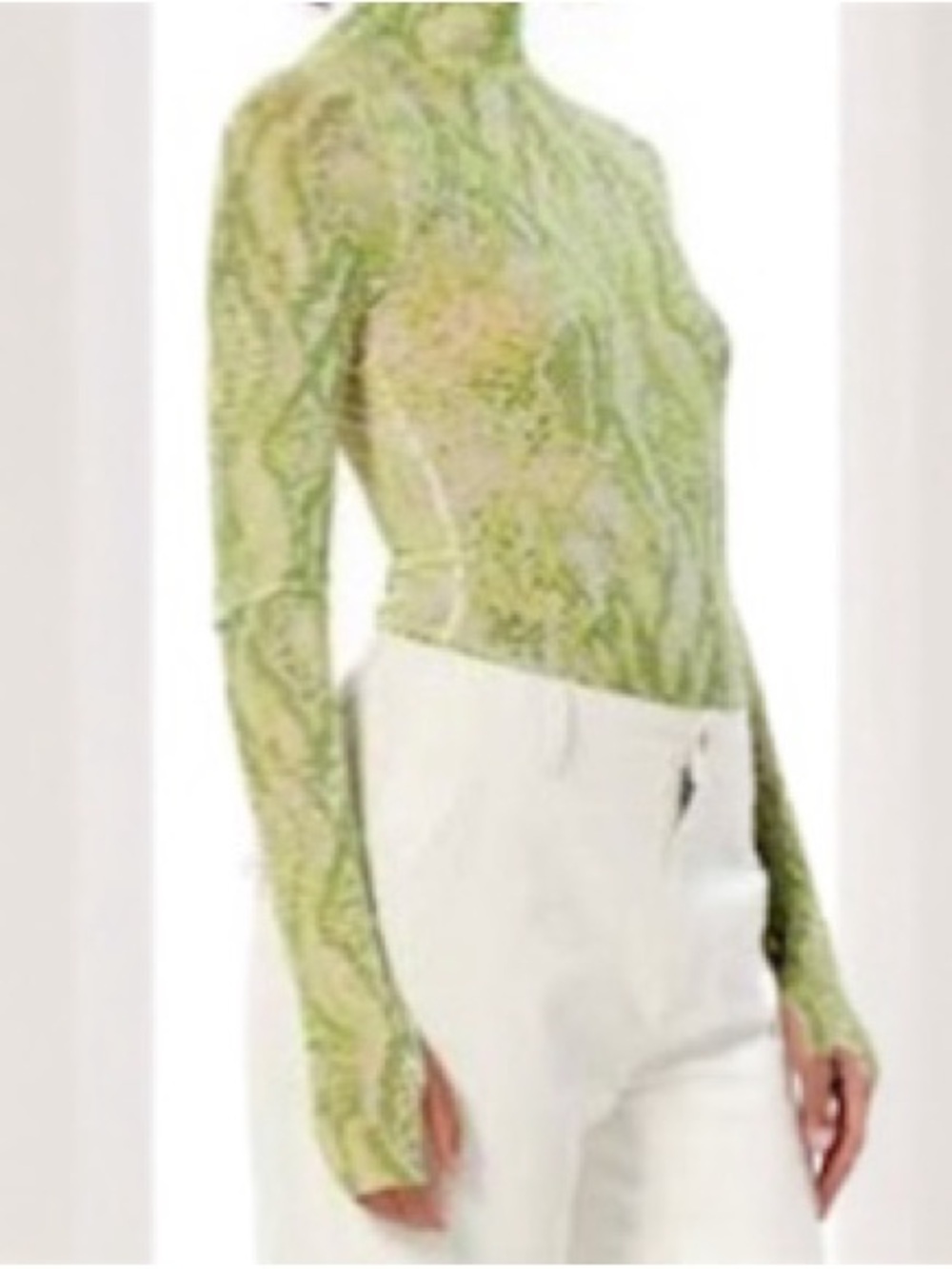 AFRM Green Marble-Print Sheer Long Sleeve Top